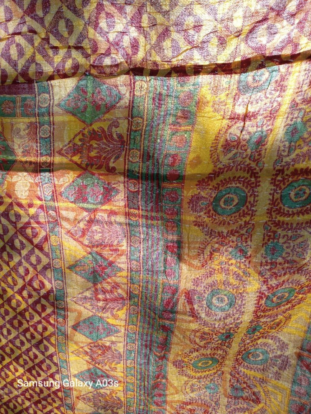 Kantha Quilt Dark Red Yellow Green 2 Layer Thin Cotton Handmade New K176.